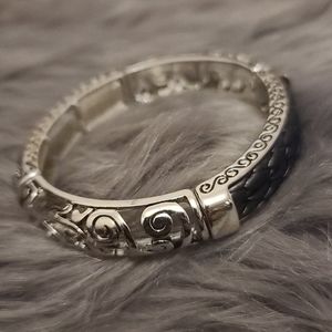 Silver Scroll and Leather Stretchy Bracelet